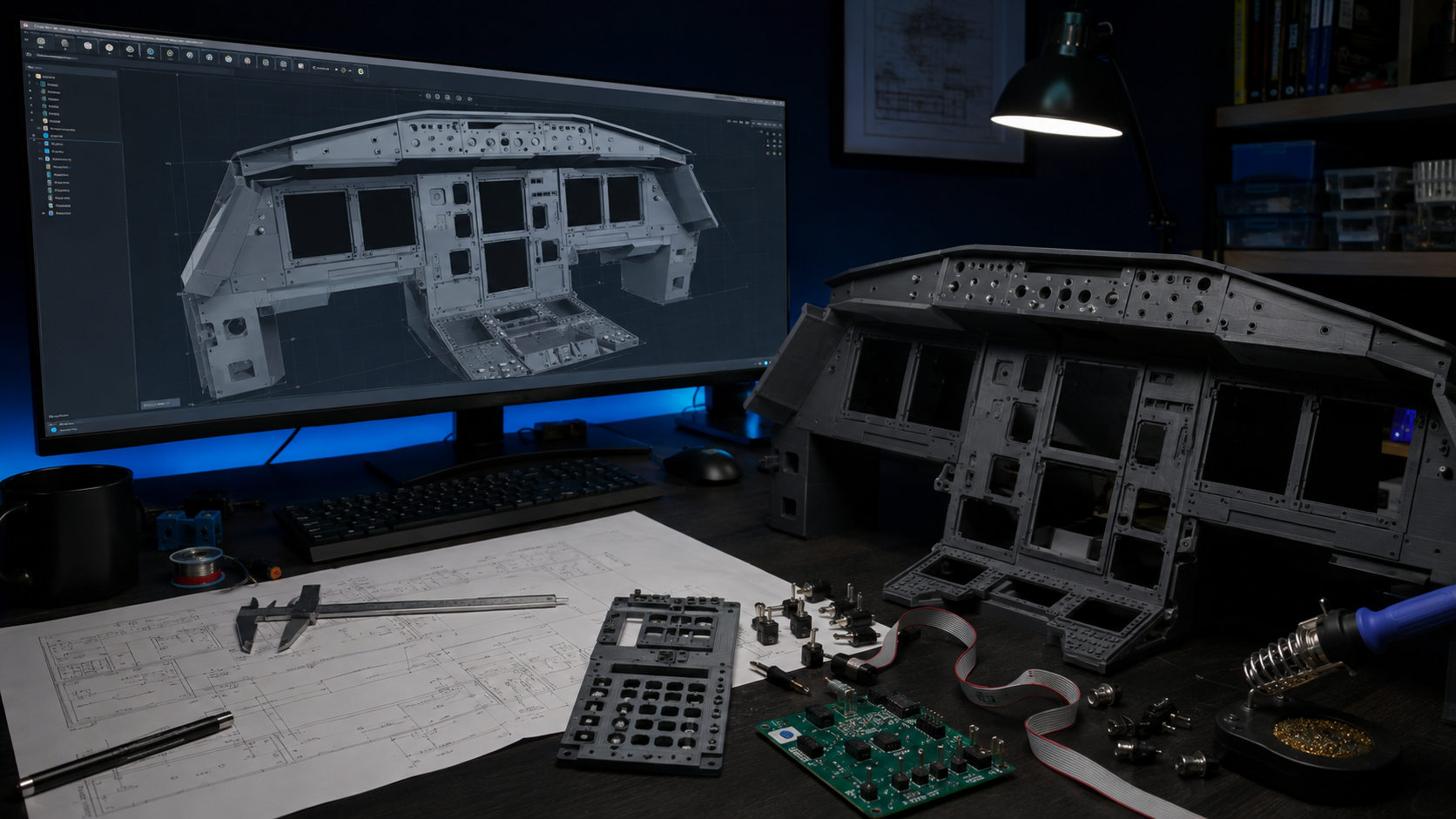A320 cockpit simulator being designed with CAD, custom panels, and electronics